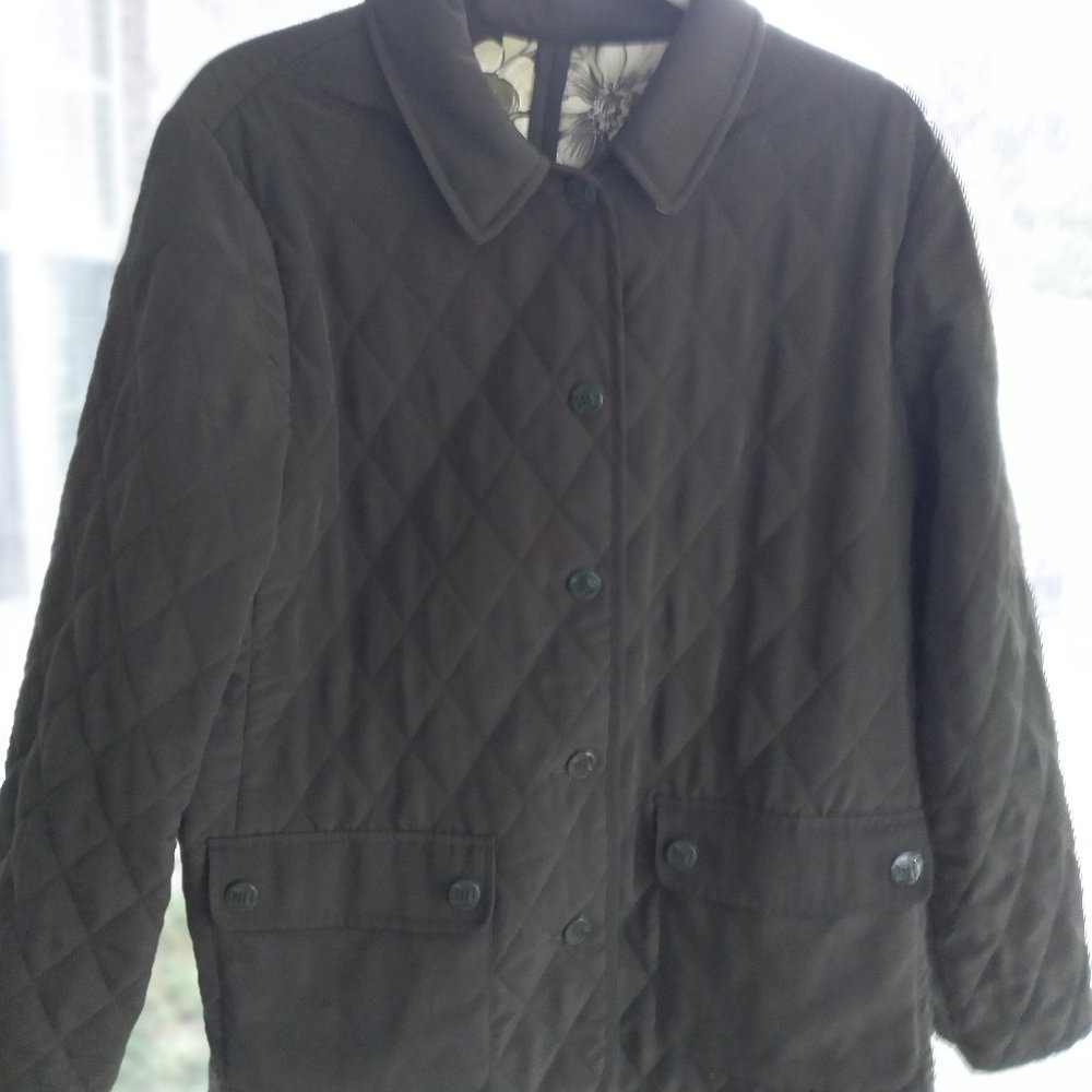 Susan Graver Stain Resistant Reversible Peachskin Quilted Jacket Green/Floral M